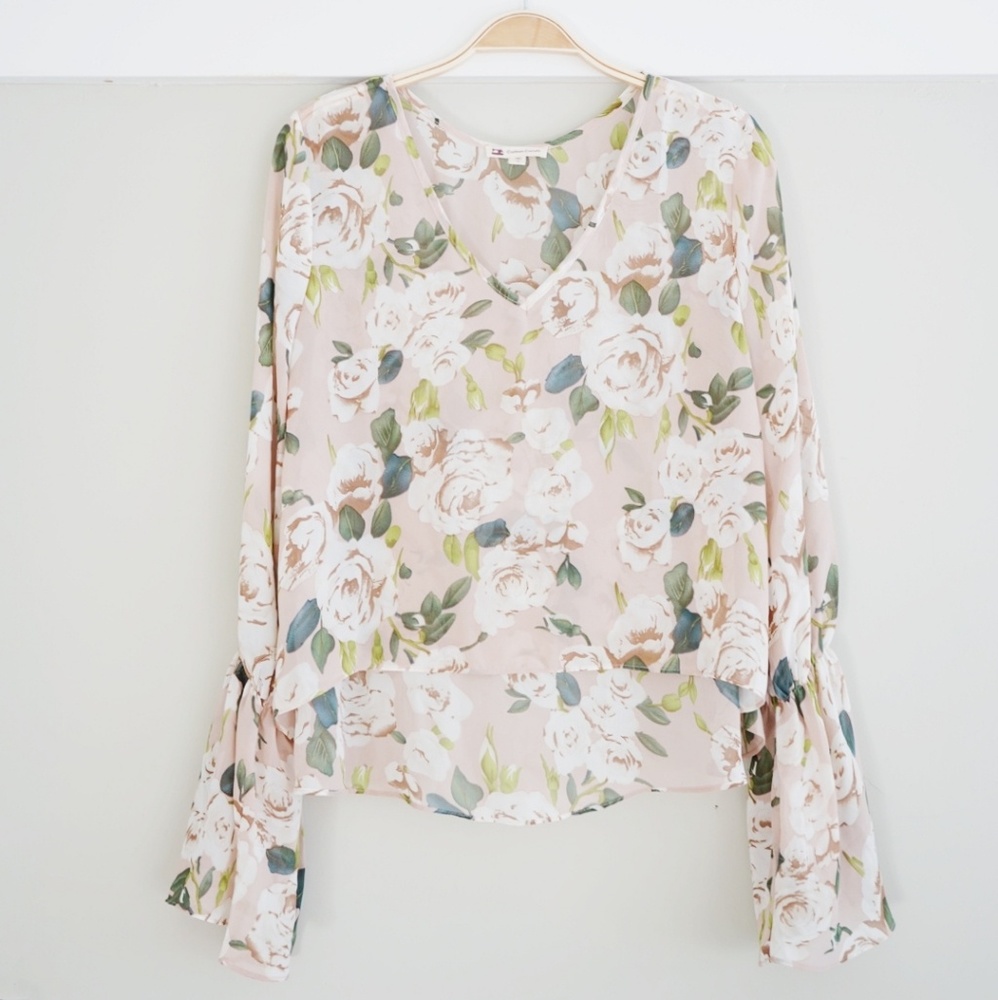 Cotton Candy Rose Floral Blouse With Bell Sleeves